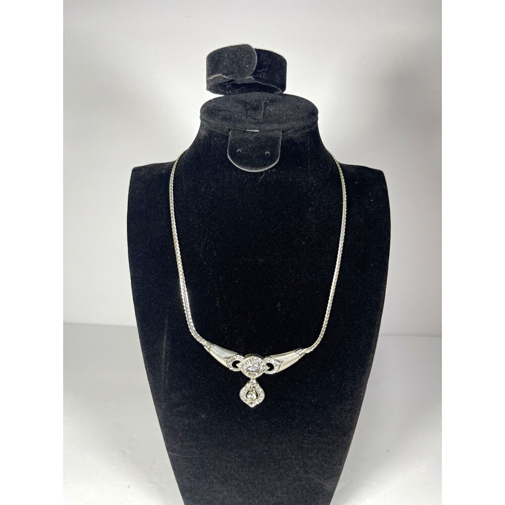 Silver Tone Pavé Crystal Rhinestone Teardrop Charm Snake Chain Necklace 18-19"